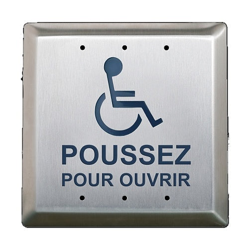 Camden CM-45/4F 4-1/2\\" Square Push Plate Switch, Concealed Screws,  \'WHEELCHAIR\' and \'POUSSEZ POUR OUVRIR\', Black Graphics