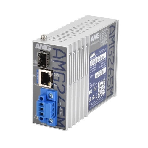 AMG Systems AMG265M-1FBT-1S-P90-T AMG265M Series Industrial Mini PoE Media Converter, 1 x 10/100Base-T(x) RJ45 Port, 1 x 100/1000Base-Fx SFP Port, Integrated 90W PSU