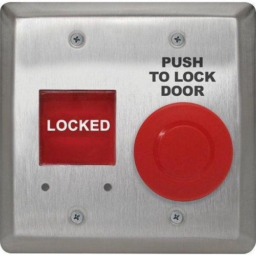Camden CM-AF550R Double Gang Mushroom Push Button Red, \'Push to Lock\', LED Annunciator, \'Locked\'