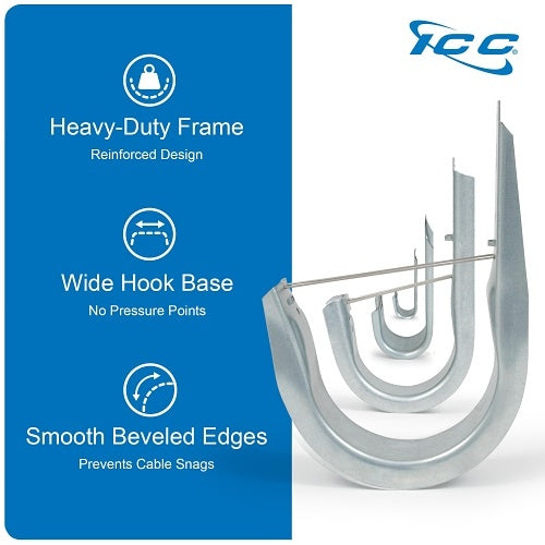 ICC ICCMSJHK55 4\\" Wall Mount J-Hook for Structured Cabling and Cable Management, Cable Support Hooks with Retainer Clips, Galvanized Steel with Zinc, 25-Pack