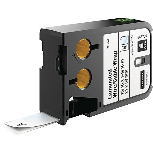 DYMO 1868705 Rhino XTL White Laminated Cable Wrap Pre-Sized Labels, 21x39mm, Black