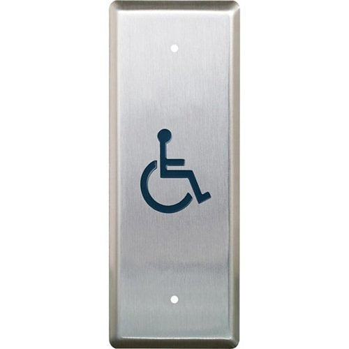 Camden CM-25/4F Narrow Push Plate Switch, 'WHEELCHAIR' and 'POUSSEZ POUR OUVRIR'