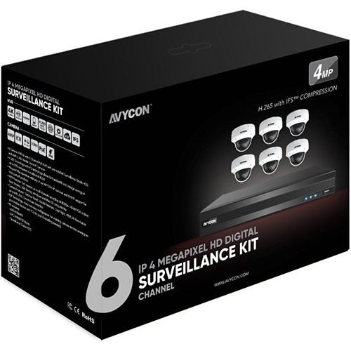 AVYCON AVK-HN41V6 Smart Analytics 7-Piece Surveillance Kit, (1) AVR-HN808P8 4K 8-Channel PoE NVR, 2TB HDD, (6) AVC-VHN41FLT 4MP Vandal Dome IP Cameras, White