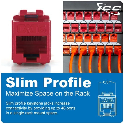 ICC IC107F6RBK CAT6 Keystone Jack with Slim Profile 180° Punch Down, RJ45PoE++ for Wall Plate or Patch Panel, 400-Pack, Black