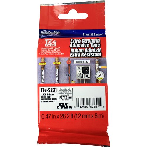 Brother TZWS231 TZe Tape, Black on White Extra-Strength, 0.47in 26.2 ft (12mm 8m)