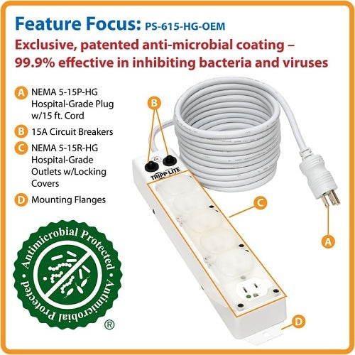 Tripp Lite PS-615-HG-OEM Safe-IT UL 1363A Medical-Grade Power Strip for Patient-Care Vicinity, 6x15A Hospital-Grade Outlets, Safety Covers, 15\' Cord