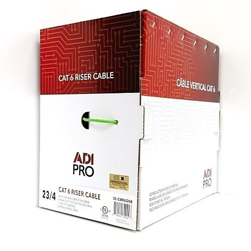 ADI PRO 0E-CMR6GNR CAT6 23/4 Solid BC Cable, Unshielded UTP, Riser CMR, FT4, 1000\' (304.8m) Express Box, Green