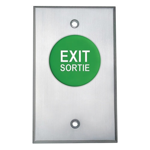 Camden CM-4000GES Spring Return, N/O, Momentary (ADA), Green Button, \'EXIT\' and \'SORTIE\' Engraved in White