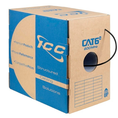 ICC ICCABR6EBK CAT6e CMR Riser 23AWG 100% Solid Pure Copper Unshielded Bulk Ethernet Cable, UTP, PoE++, 600 MHz, UL Certified, 1000\' Reelex Pull Box, Black