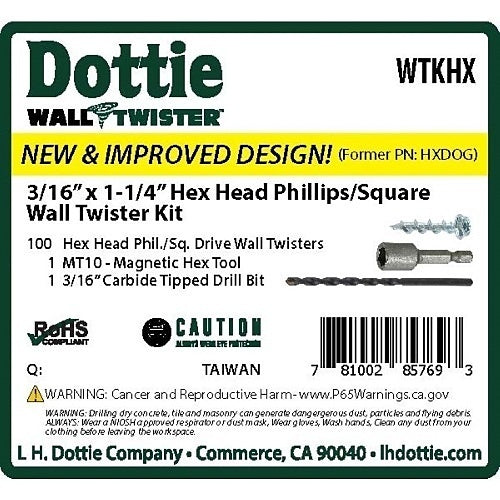 Dottie WTKHX Wall Twister Kit with 3/16\\" by 1 1/4\\" Hex Head, Phillips and Square Drive Options