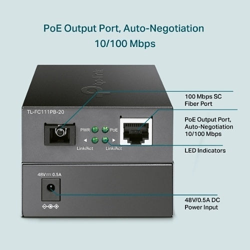 TP-Link FC111PB-20 10/100 Mbps WDM Media Converter with 1-Port PoE