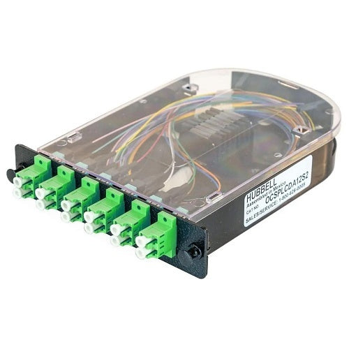 Hubbell OCSPLCDA12S2 Fiber Splice Cassette, 12 Fibers, Green LC Duplex APC Adapters, Zirconia Ceramic, OS2 SM