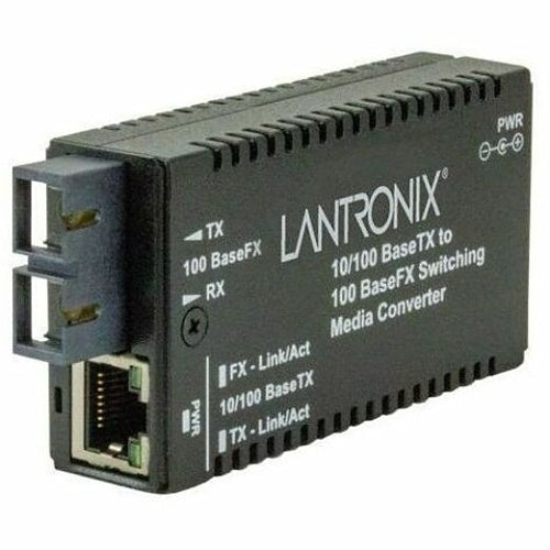 Lantronix M/E-PSW-FX-02(SC)-OZ M/E-PSW Series Mini Fast Ethernet Media Converter, 10/100BASETX to 100BASEFX SWITCH, SC Multimode, 2km Australia Power Cord