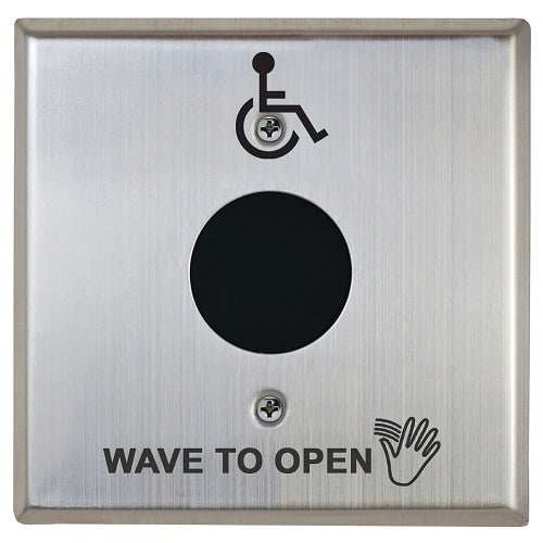 Camden CM-324/42SW Wired Touchless Switch, Economical, 1-Relay, No Inputs, Double Gang Faceplate, No Illumination, Rubber Gasket, Hand Icon \'Wave to Open\' Text and Wheelchair Symbol, Stainless Steel