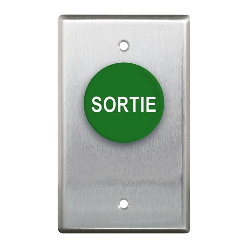 Camden CM-400GS CM-400 Series 1-5/8\\" Pushbutton, \'SORTIE\' Text, Green Button, Stainless Steel Faceplate