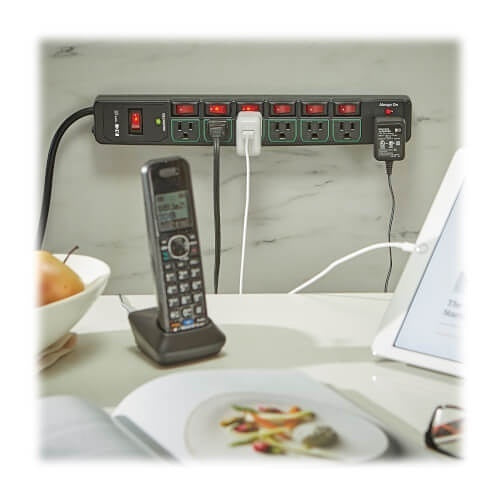 Tripp Lite TLP76MSGB ECO-Surge 7-Outlet Surge Protector, 6\' (1.83 m) Cord, 1080 Joules, 6 Individually Controlled Outlets, Black Housing