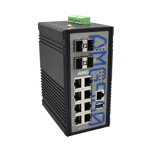 AMG Systems AMG560-8GAT-4XS-P240 Industrial 12-Port Managed Switch, 8x10/100/1000Base-T(x) RJ45 Ports, 4x1/2.5/10G Base-Fx SFP+ Ports, DIN Rail Mount