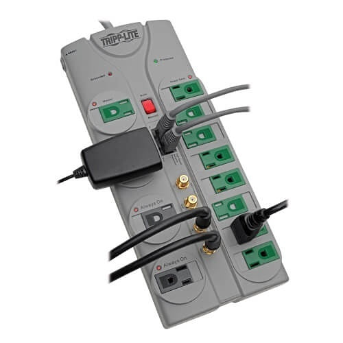 Tripp Lite TLP1210SATG Eco Surge Protector, 120V RJ11 RJ45 Coax 12 Outlet, 10\' Cord, Green