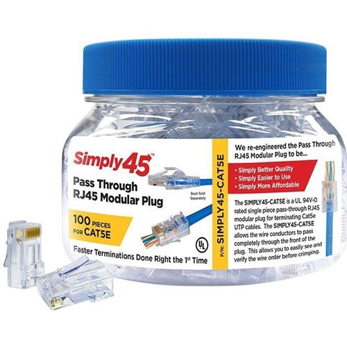 Simply45 S45-1500 CAT5e Unshielded Pass Through RJ45 Modular Plugs, 100-Pack