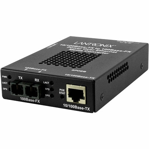 Lantronix SPOEB1013-105-BR Media Converter, 10/100BASE RJ45 PoE to 100BASE-FX Multimode SC, Up to 2km