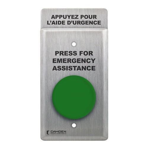 Camden CM-420G/12FE CM-400 Series 1-5/8\\" Pushbutton, Single Gang, N/O and N/C Contacts, PRESS FOR EMERGENCY ASSISTANCE and APPUYEZ POUR AIDE D’URGENCE Bilingual Label, Green Button, Stainless Steel