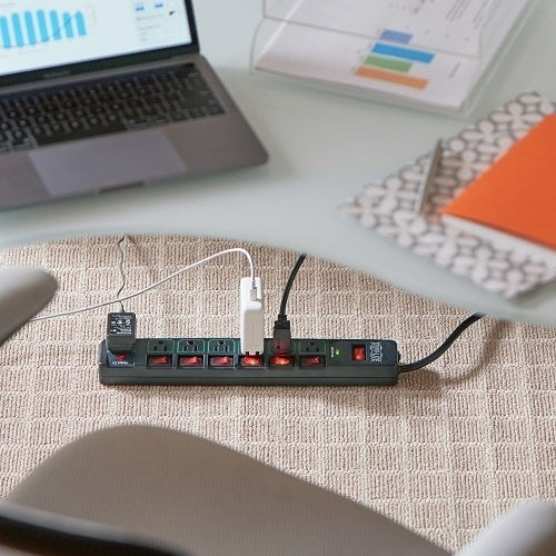 Tripp Lite TLP76MSGB ECO-Surge 7-Outlet Surge Protector, 6\' (1.83 m) Cord, 1080 Joules, 6 Individually Controlled Outlets, Black Housing
