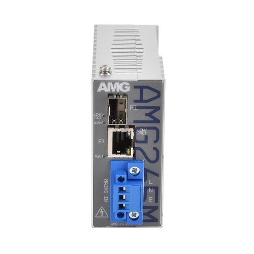 AMG Systems AMG265M-1F-1S-T AMG265M Series Industrial Mini Media Converter, 1 x 10/100Base-T(x) RJ45 Port, 1 x 100/1000Base-Fx SFP Port, 85-264VAC Locking Screw Terminal Mains Power Input