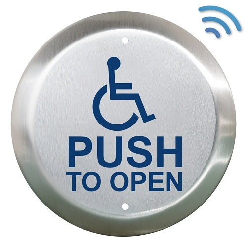Camden CM-40K/4 4-1/2\\" Round Push Plate Switch, \'WHEELCHAIR\' Blue Symbol and \'PUSH TO OPEN\', Stainless Steel