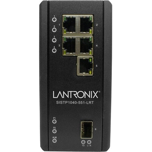 Lantronix SISTP1040-551-LRT Unmanaged Hardened Gigabit Ethernet PoE++ Switch (4)10/100/1000Base-T PoE++ Ports+(1), 10/100/1000Base-T Port+(1), 100/1000Base-X SFP Slot