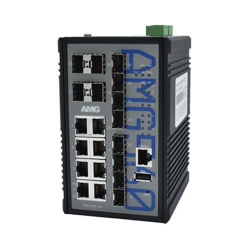 AMG Systems AMG560-8G-12S Industrial 20-Port Managed Switch, 8x10/100/1000Base-T(x) RJ45 Ports, 8x100/1000Base-Fx SFP Ports, 4x1000Base-Fx SFP Ports, DIN Rail Mount