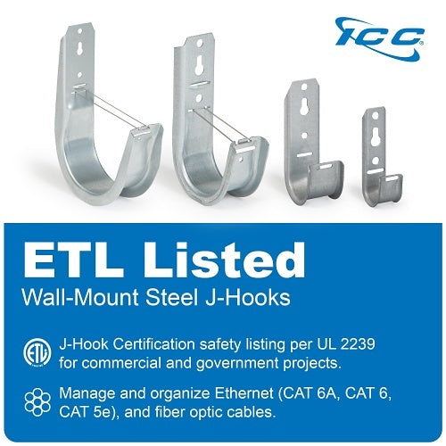 ICC ICCMSJHK33 1-5/16\\" Wall Mount J-Hook without Retainer Clip for Structured Cabling, Rust-Resistant, 25-Pack, Galvanized Steel