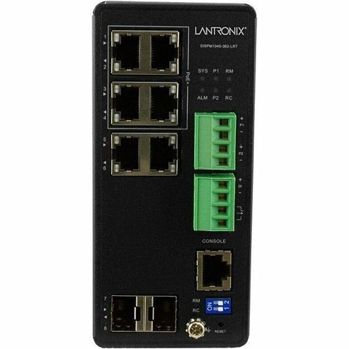 Lantronix SISPM1040-362-LRT Managed Hardened Gigabit Ethernet PoE+ Switch, 4-10/100/1000Base-T PoE+ Ports, 2-10/100/1000Base-T RJ-45 and 2-100/1000Base-X SFP Slots