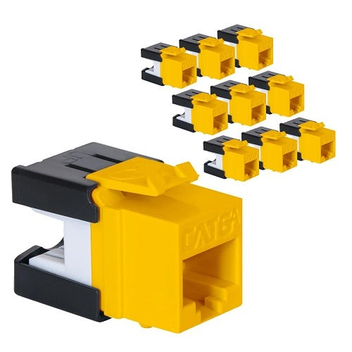 ICC IC107GATYL CAT6a Keystone Jack with Slim Profile 180° Punch Down, 10Gbps RJ45 PoE++ for Wall Plate or Patch Panel, 10-Pack, Yellow