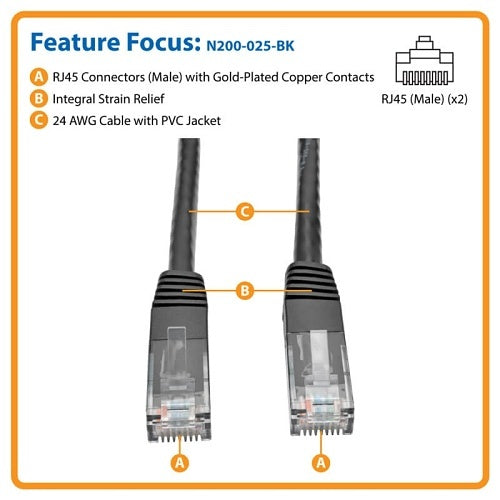 Eaton Tripp Lite N200-025-BK CAT6 Gigabit Molded Ethernet Cable, UTP, RJ45 M/M, 25\' (7.6m), Black