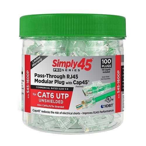 Simply45 S45-1600P CAT6 Unshielded Pass Through RJ45, 100-Pack