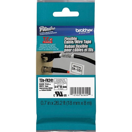 Brother TZEFX241 TZe Tape, P-touch Black on White Flexible ID Tape, 18mm (0.7") 8m (26.2')