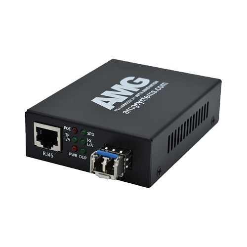 AMG Systems AMG210M-1GAT-1SS2-P30 210M PoE Series Mini Ethernet Media Converter, 1-Port 10/100/1000BaseT(x) RJ45 with 30W PoE+, 1-Port 1000BaseFx Singlemode, 2-Fiber, 1310nm, LC Connector, 20Km