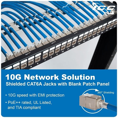 ICC ICMPP246AS CAT6A 24-Port Shielded Keystone 1U Patch Panel with CAT6A Shielded Keystone Jacks, 19\\" Rackmount Housing and Cable Support Bar, EMI Protection, PoE++ Compliant