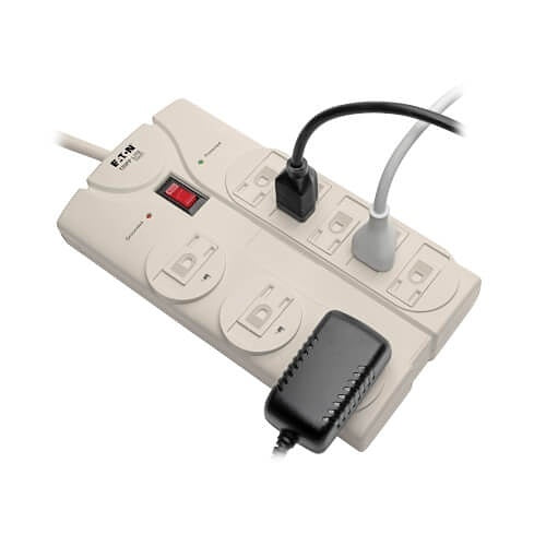 Tripp Lite TLP808 Protect It! 8-Outlet Surge Protector, 8\' Cord with Right-Angle Plug, 1440 Joules, Diagnostic LEDs, Light Gray Housing