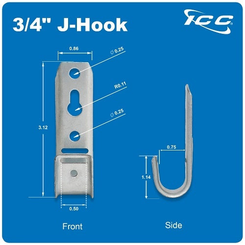 ICC ICCMSJHK22 Wall Mount J-Hook 3/4\'\' without Retainer Clip, Galvanized Steel Cable Management, 25-Pack