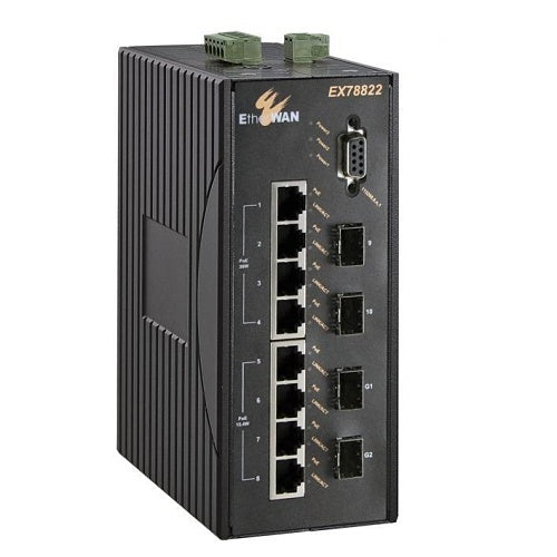EtherWAN EX78822-VVBT Hardened Managed Ethernet PoE Switch, 8 Ports, 120W, Black