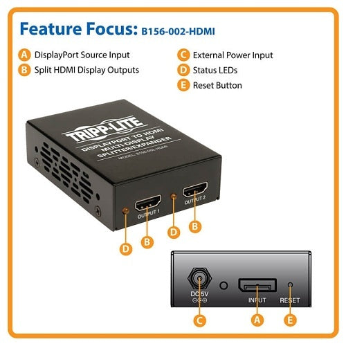 Eaton Tripp Lite B156-002-HDMI 2-Port DisplayPort to HDMI Multi-Monitor Splitter MST Hub, 4K UHD, DP1.2