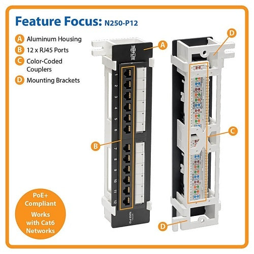 Tripp Lite N250-P12 CAT6 Wall-Mount 12-Port Patch Panel, PoE+ Compliant, 110/Krone, 568A/B, RJ45 Ethernet
