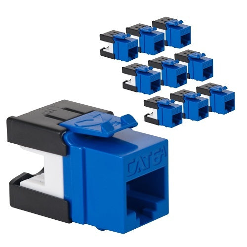 ICC IC107GATBL CAT6a Keystone Jack with Slim Profile 180° Punch Down, 10 Gbps RJ45 PoE++ for Wall Plate or Patch Panel, 10-Pack, Blue