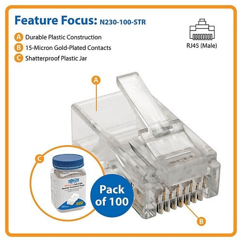 Tripp Lite N230-100-STR CAT6 RJ45 Modular Plug for Round Stranded UTP Conductor, 4-Pair, 100-Pack