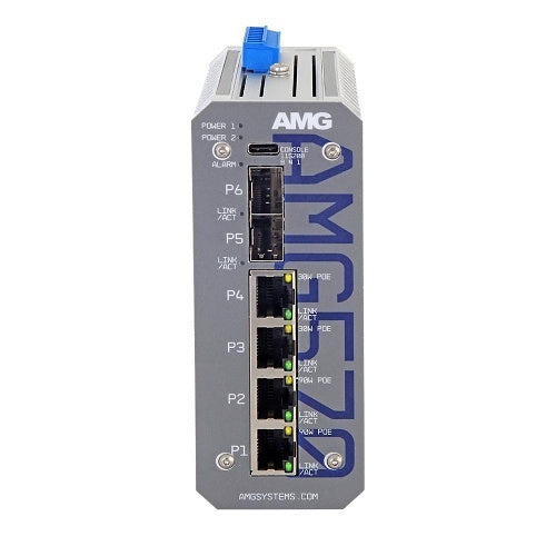 AMG Systems AMG570-2GBT-2GAT-2S-P240 AMG570 Series Layer 2+ Managed Industrial Ethernet Switch, 4x 10/100/1000TX, 2x 90W, 2x 30W PoE, 2x 100M/1G/2.5G SFP Switch, 52V, 240W PSU, DIN Rail, 2x 1Gb MM SFP