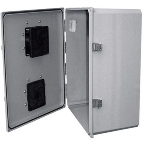 Mier BW-FC20168 NEMA Type 3R Outdoor 20\\" W x 16\\" H x 8\\" D Polycarbonate Enclosure with Thermostat and Fan, Gray Image of BW-FC20168