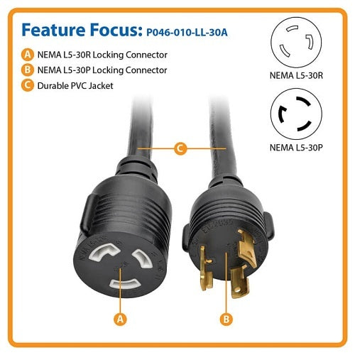 Eaton Tripp Lite P046-010-LL-30A Power Extension Cord, NEMA L5-30P to NEMA L5-30R- Heavy-Duty, 30A, 125V, 10 AWG, 10\' (3.05 m), Black, Locking Connectors