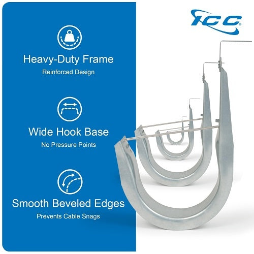 ICC ICCMSJH955 Ceiling Mount J Hook 4\\" with Retainer Clip, Galvanized Steel Cable Management Hooks for Hanging Cable, Rust-Resistant, EIA and TIA Compliant, 25-Pack