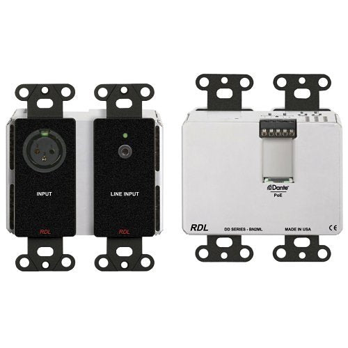 RDL DDB-BN2ML DD Series Wall-Mounted Bi-Directional Mic Line Dante Interface, 2x2, Black